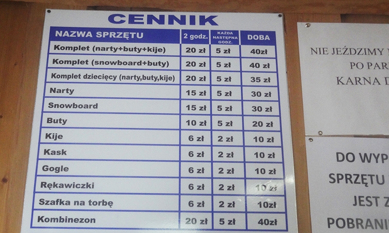 Цены на аренду горнолыжного снаряжения